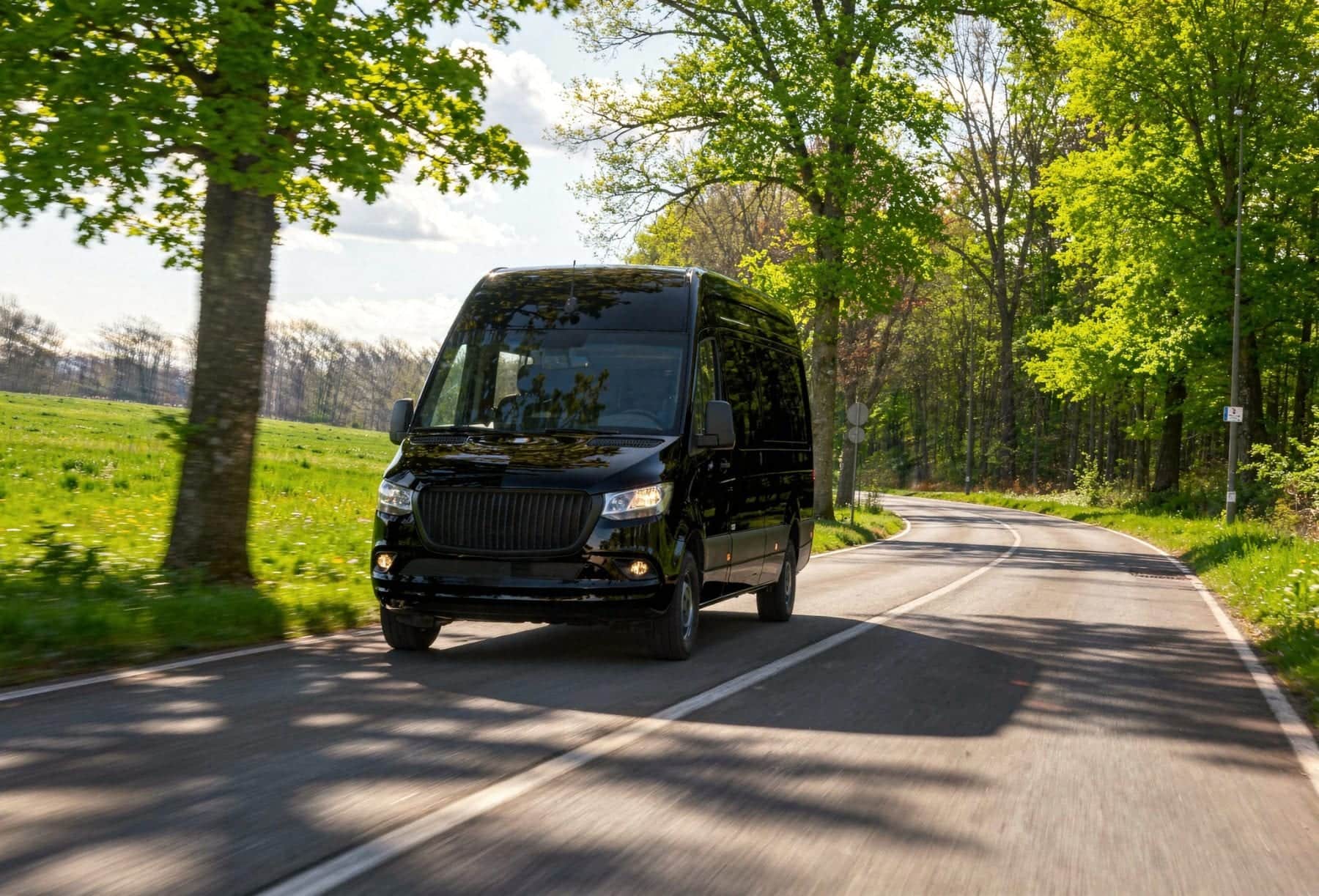 Black high-roof van driving along a tree-lined road
